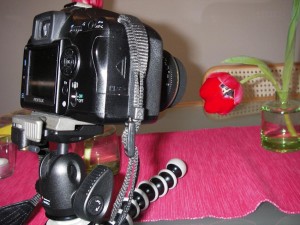 Joby GorillaPod SLR-Zoom mit Manfrotto Mini Kugelkopf und Kamera